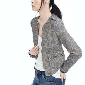 Banana Republic metallic tweed fringe scalloped open blazer